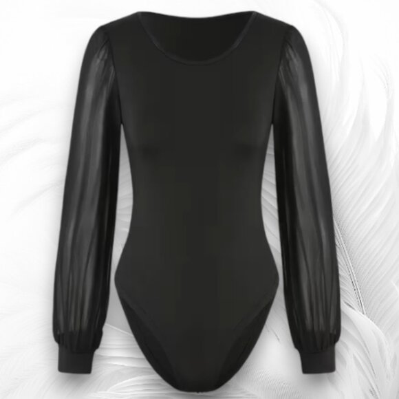 Black Long Sleeve Bodysuit With Sheer Puff Sleeves Size: L - Picture 4 of 7